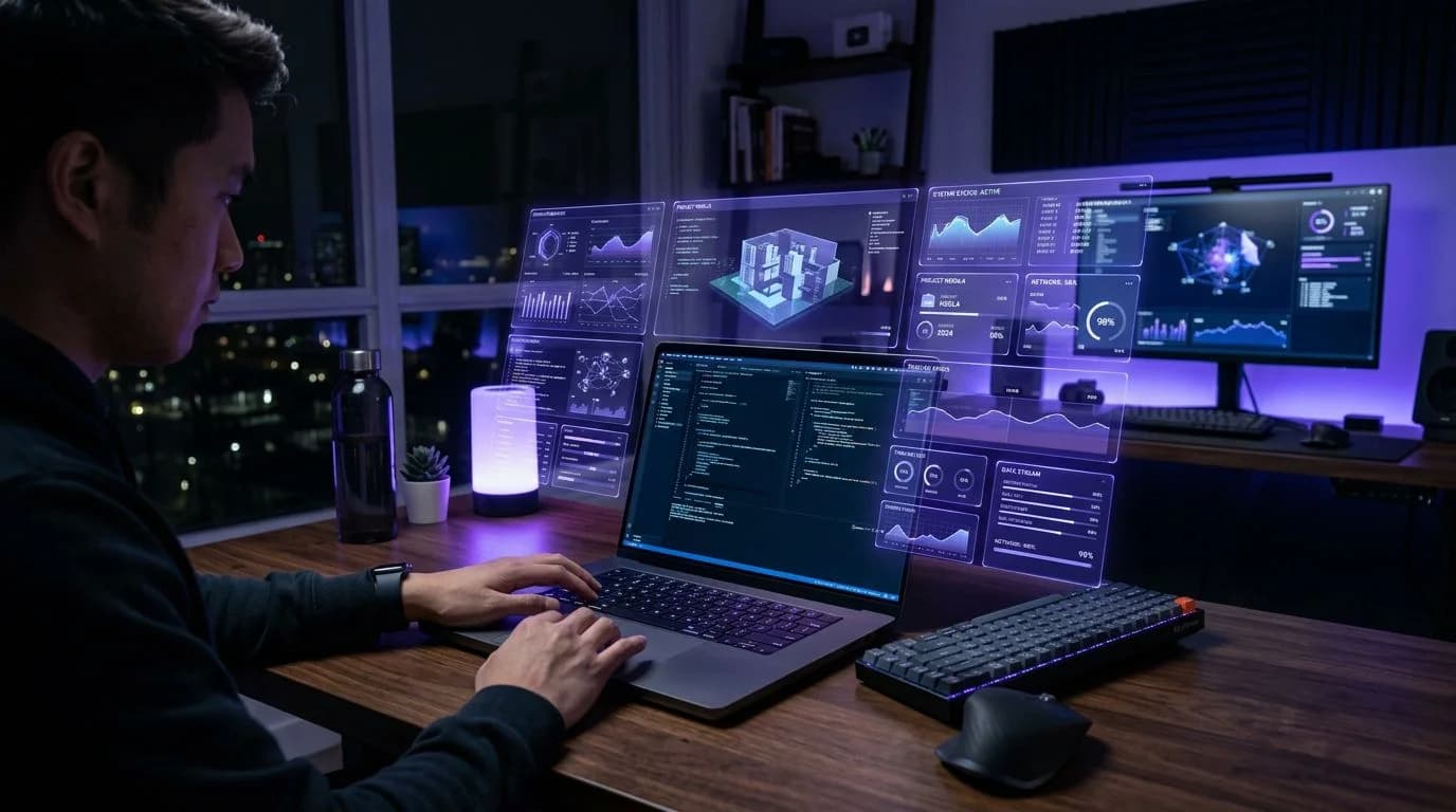 Entwickler-Arbeitsplatz mit holografischen UI-Elementen und Code-Dashboards
