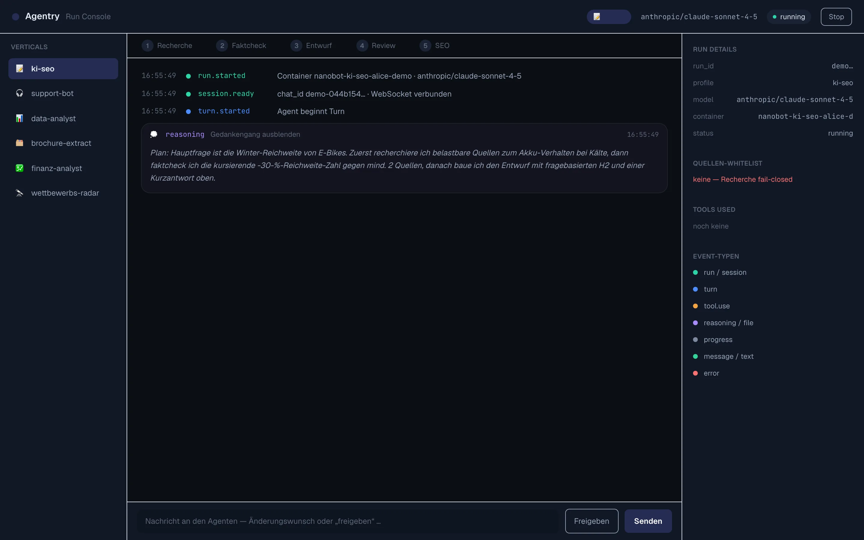 Run-Start — der Agent legt seinen Plan offen (reasoning), bevor Tools laufen