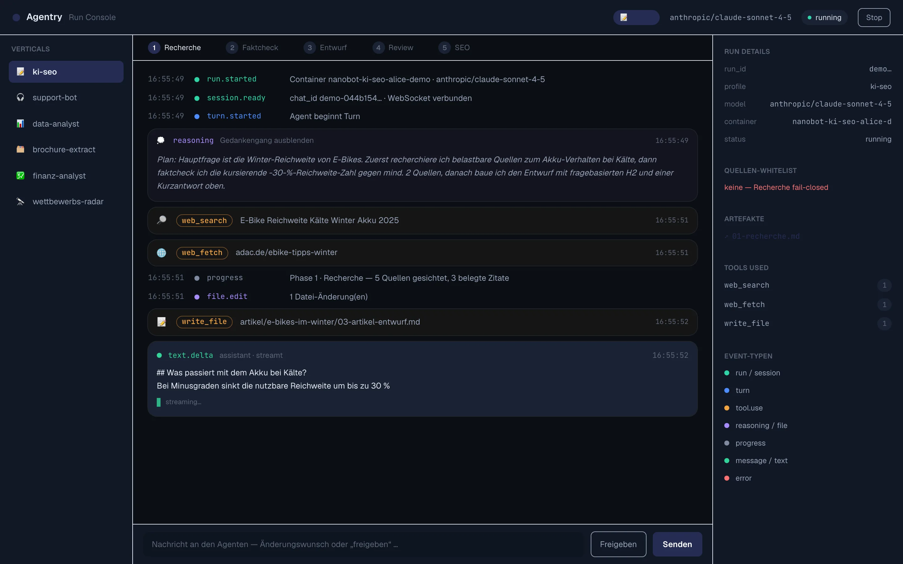 Recherche-Phase — web_search / web_fetch und der gestreamte Entwurf (text.delta)